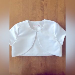 White Satin Short-Sleeved Girl’s Bolero by Bonnie Jean. NWOT